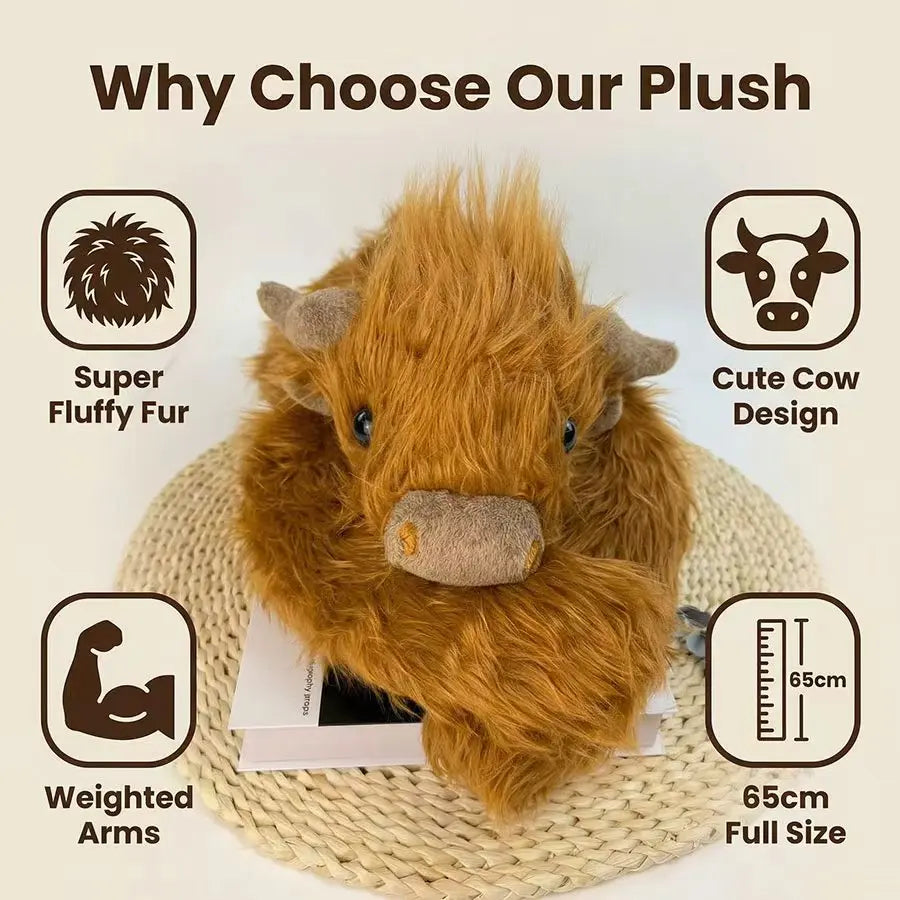 1.0KG Weighted Highland Cow Stuffed Animals Plush Large Cattle Pillow Toy for Kids Adults Birthday Gifts