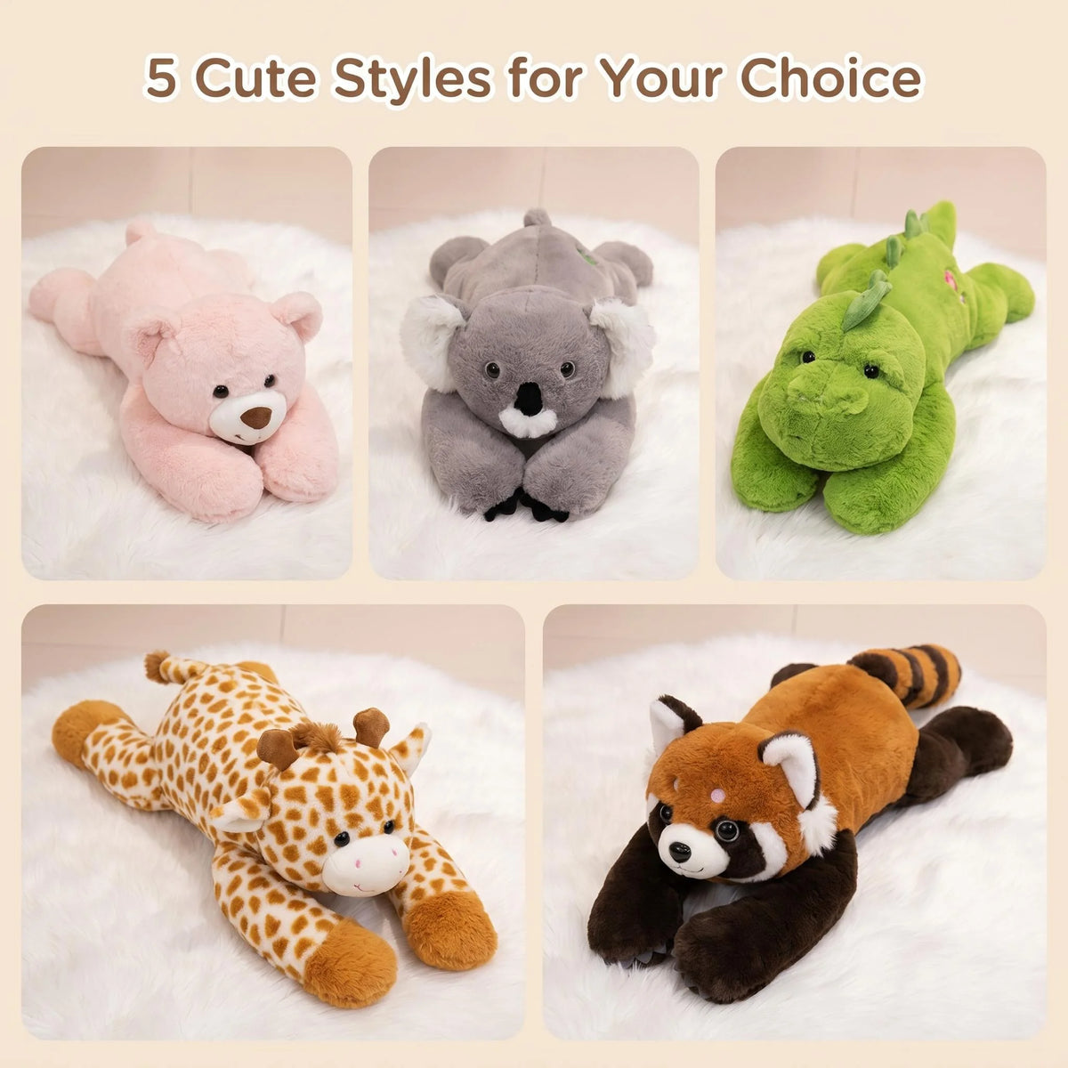 Lying Prone Stuffed Animals with Weighted Arms Red Panda Pink Bear Deer Koala Dinosaur Plush Toys for Sleep & Gifting